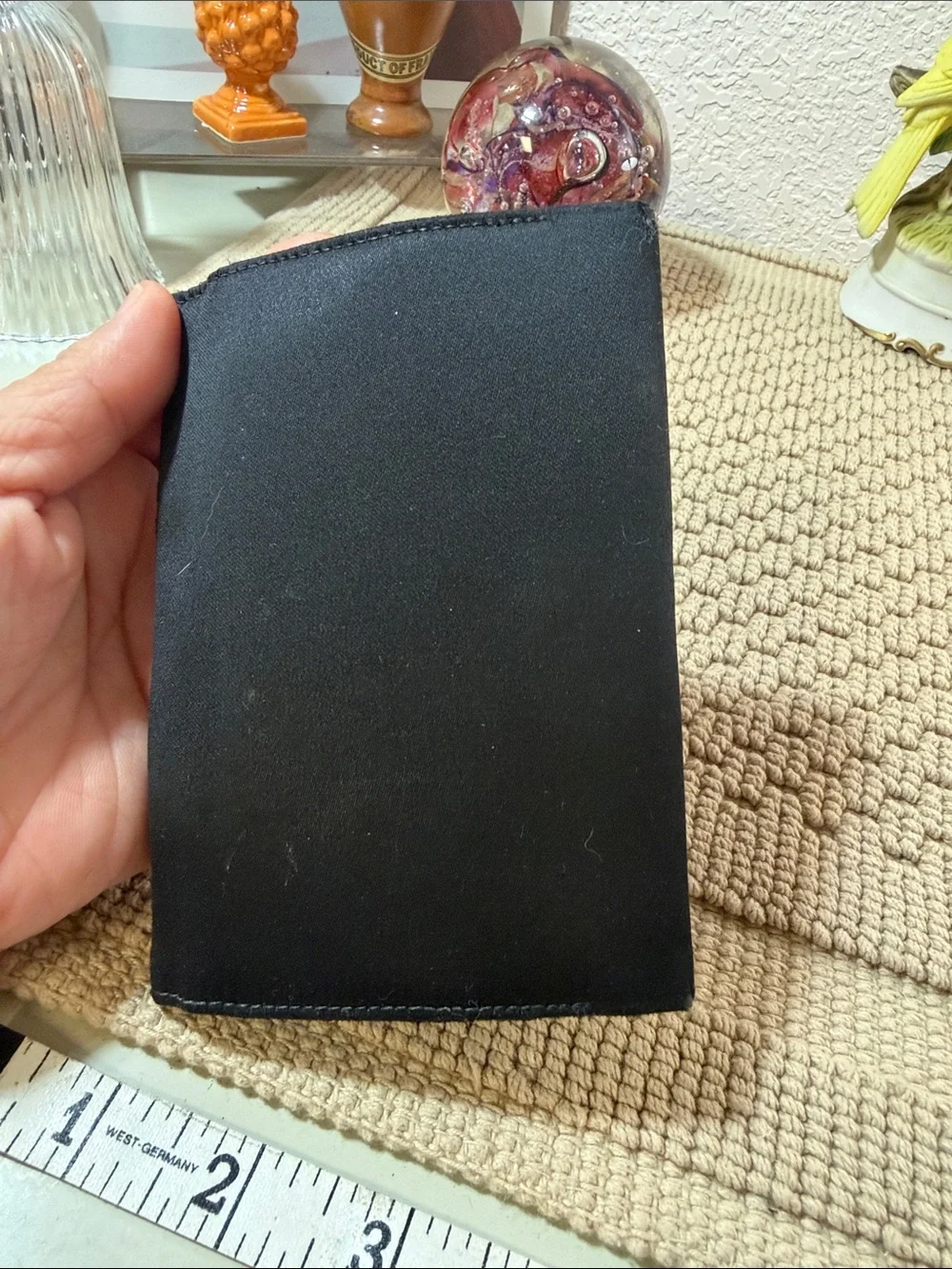 Vintage Made in France Black Satin Embroidered Floral Clutch Wallet
